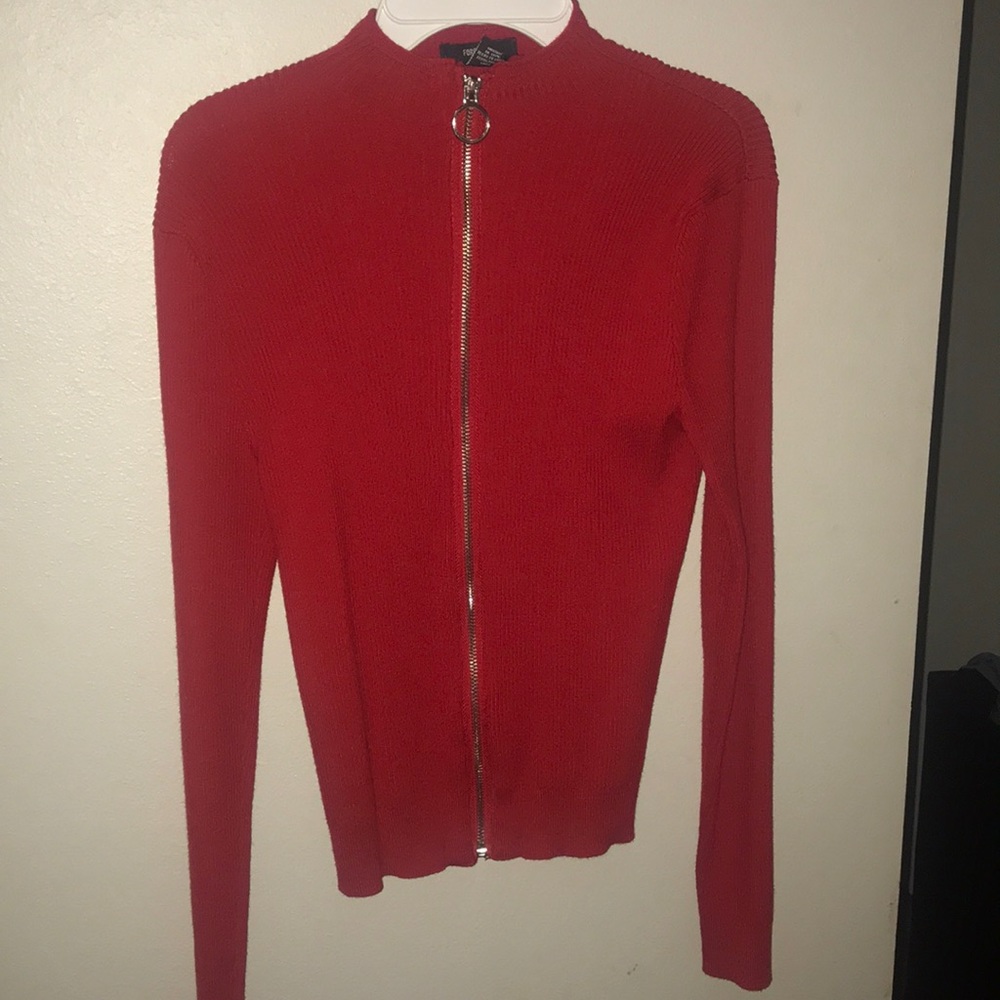 Long sleeved fire engine red sweater with zipper
